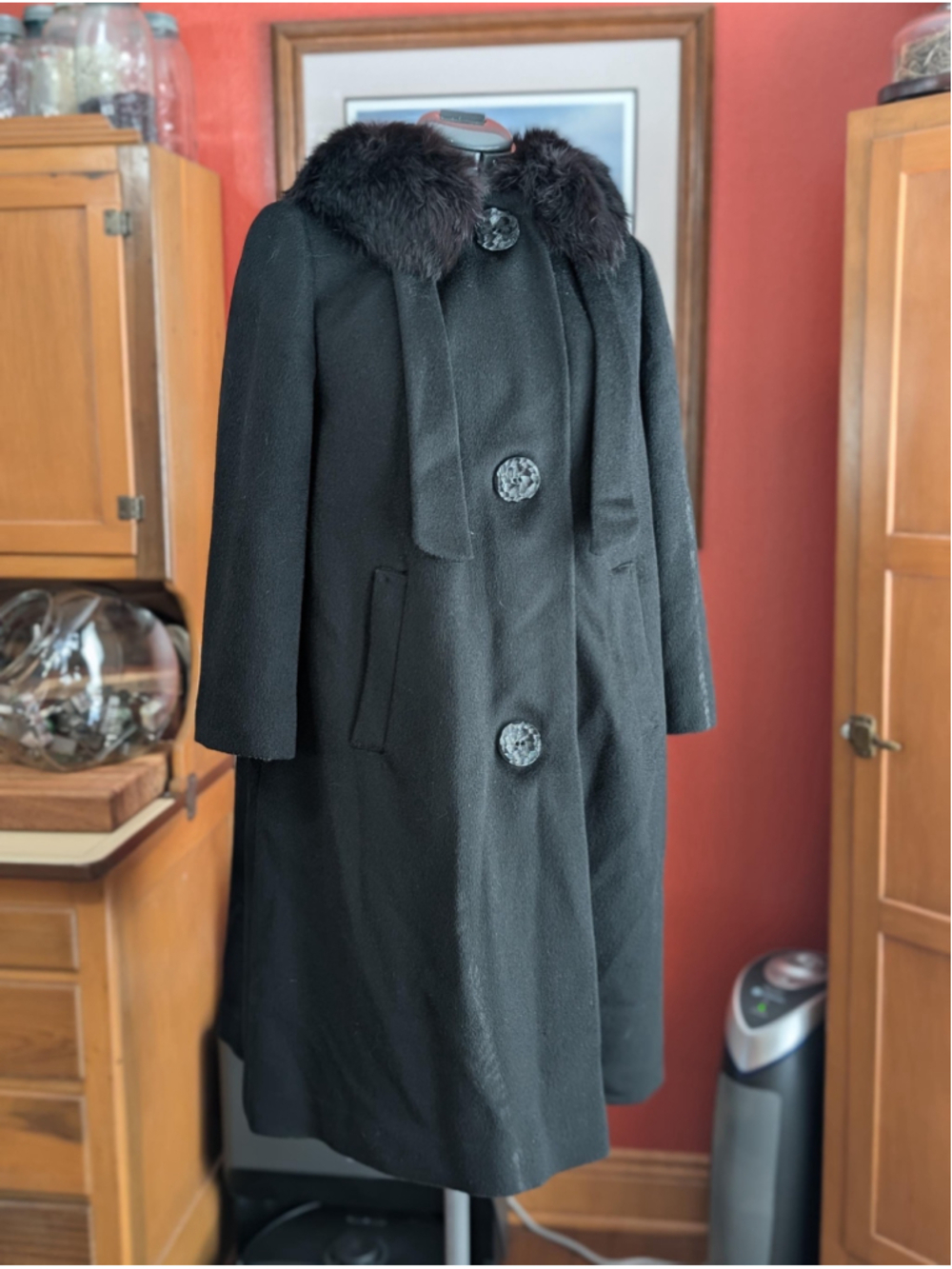 Vintage Black Wool Overcoat w/ Faux Fur Collar • 1950s–1960s Style • Classic Win